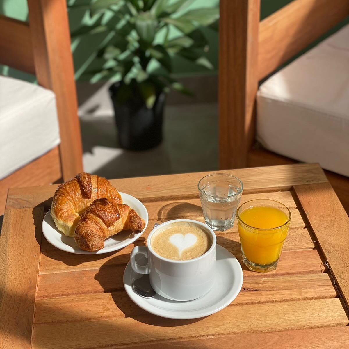 Terraza con plantas y mesa de madera en Salvatto Coffee